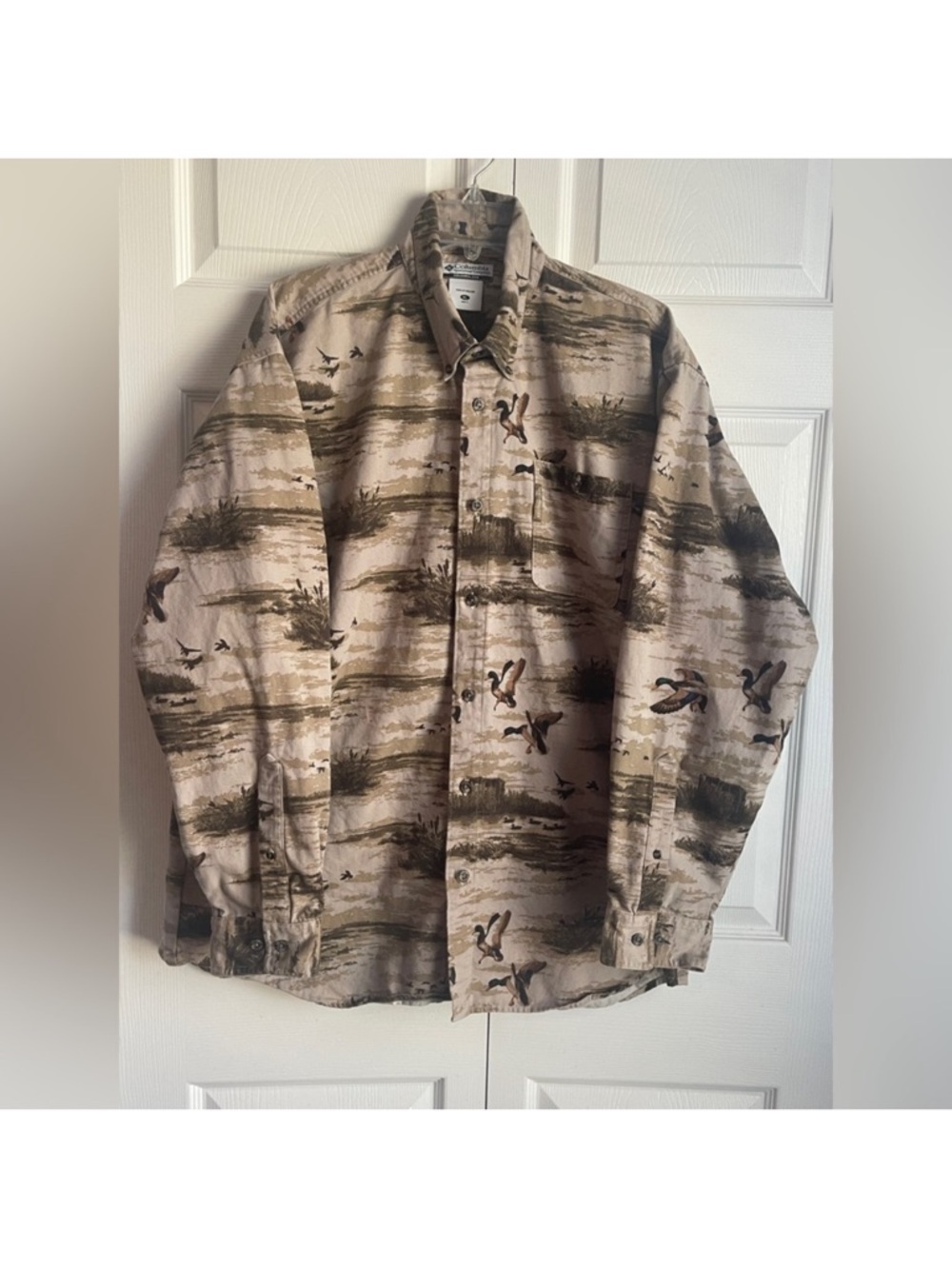 Columbia Men’s River Lodge Tan Mallard Duck Print Button Down Shirt Size XL